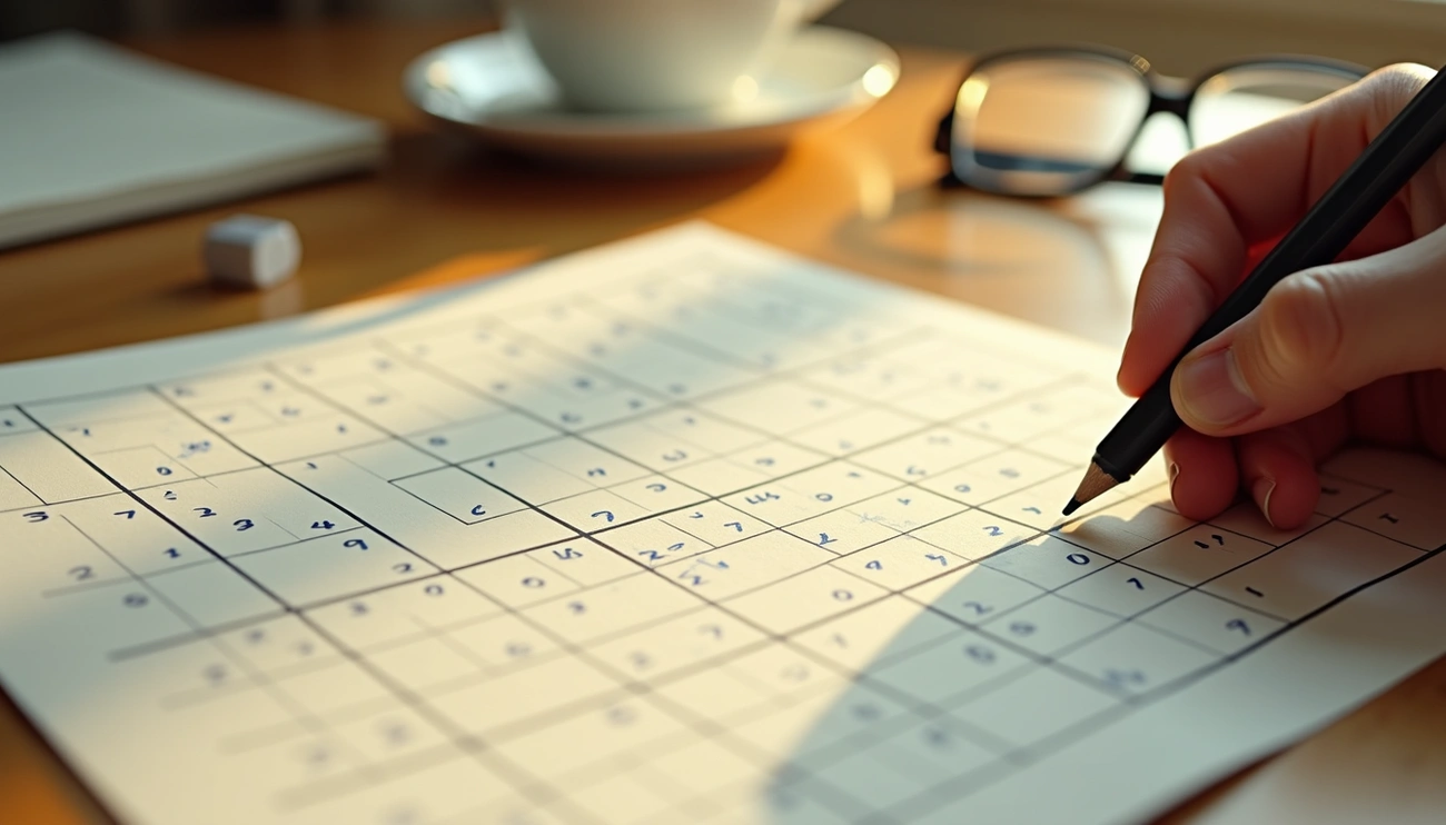 Person solving a difficult Sudoku puzzle by filling in numbers with a pencil on a wooden table